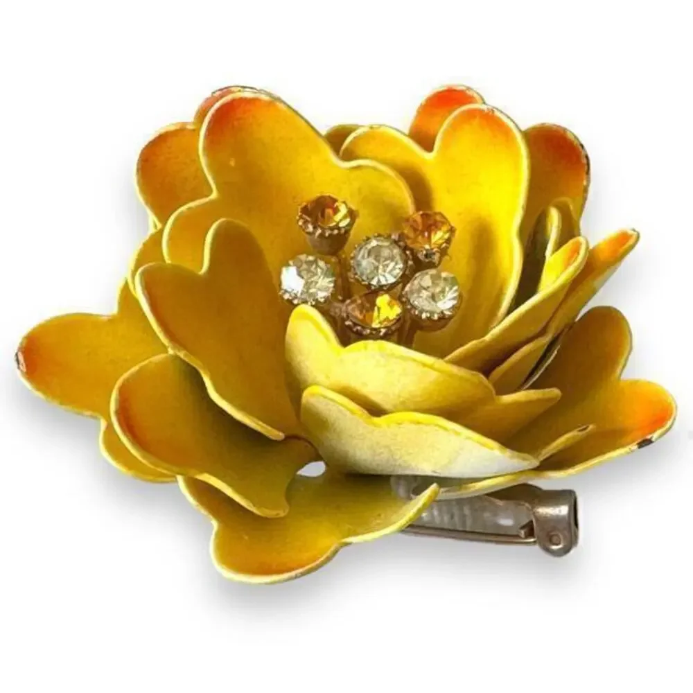 Vintage CORO Flower Brooch Large Yellow & Orange Enamel Metal Rhinestone Pin